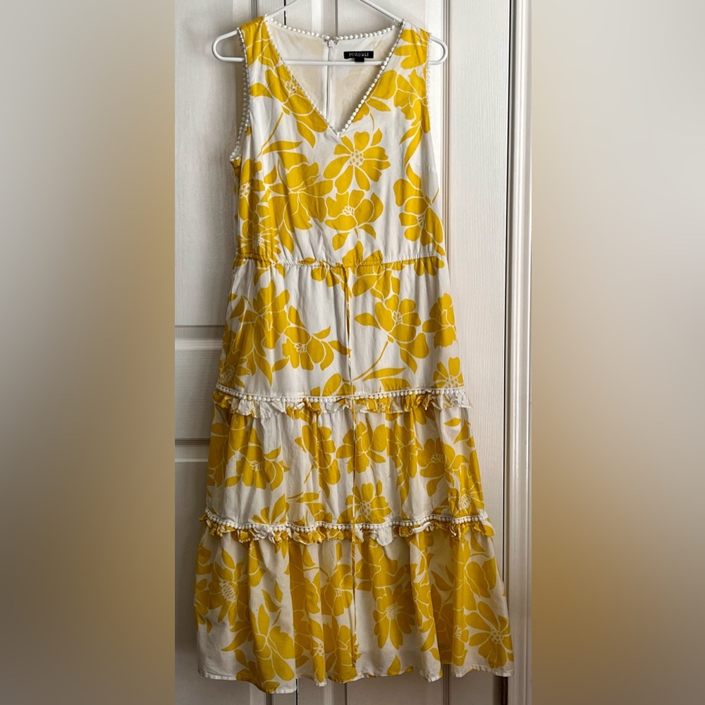 ROZ & ALI WOMENS DRESS, YELLOW& WHITE TROPICAL PRINT, SIZE 8